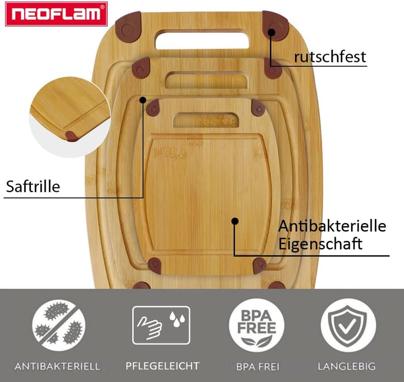 NEOFLAM® - Bambus Schneidebrett Holz rutschfest 3er Set Schneidbretter mit Griff & Saftrille - natür
