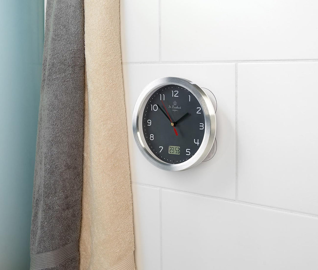 St. Leonhard Tischuhr: Badezimmer-Funk-Wanduhr, Thermo- und Hygrometer, Alu-Rahmen, Grau (Funk-Badez