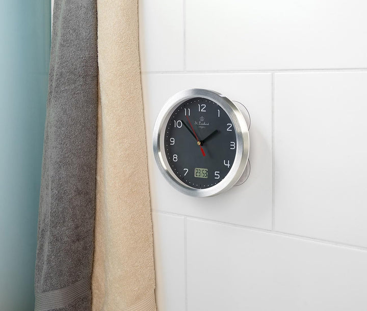 St. Leonhard Tischuhr: Badezimmer-Funk-Wanduhr, Thermo- und Hygrometer, Alu-Rahmen, Grau (Funk-Badez