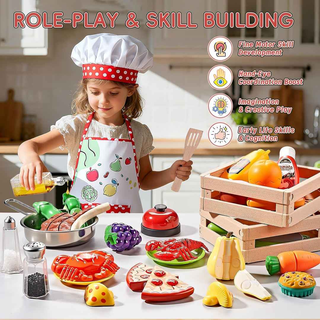 Grosses Spielküchen-Zubehör aus Edelstahl, Kinderküchen-Spielset mit Schneidespielzeug-Lebensmitteln