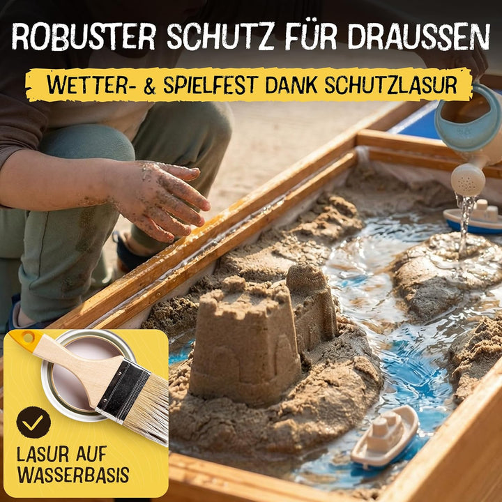 FRIEDO Sandkasten mit Abdeckung 120x40cm aus lasiertem Holz und Deckel I Sandkasten mit Matschküche