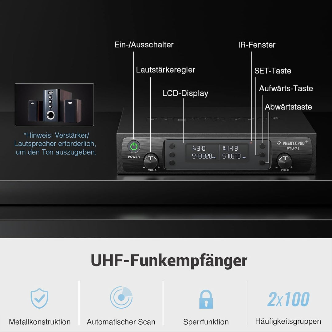 Phenyx Pro Drahtloses Mikrofonsystem, Dynamisches Funkmikrofon, 2x100 Einstellbare UHF Dual, Auto Sc