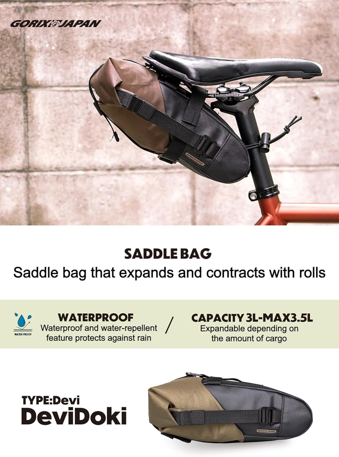 GORIX Fahrrad-Satteltasche, wasserdicht, erweiterbar, Rollentyp, 3 l, langlebig, leicht, für Rennrad