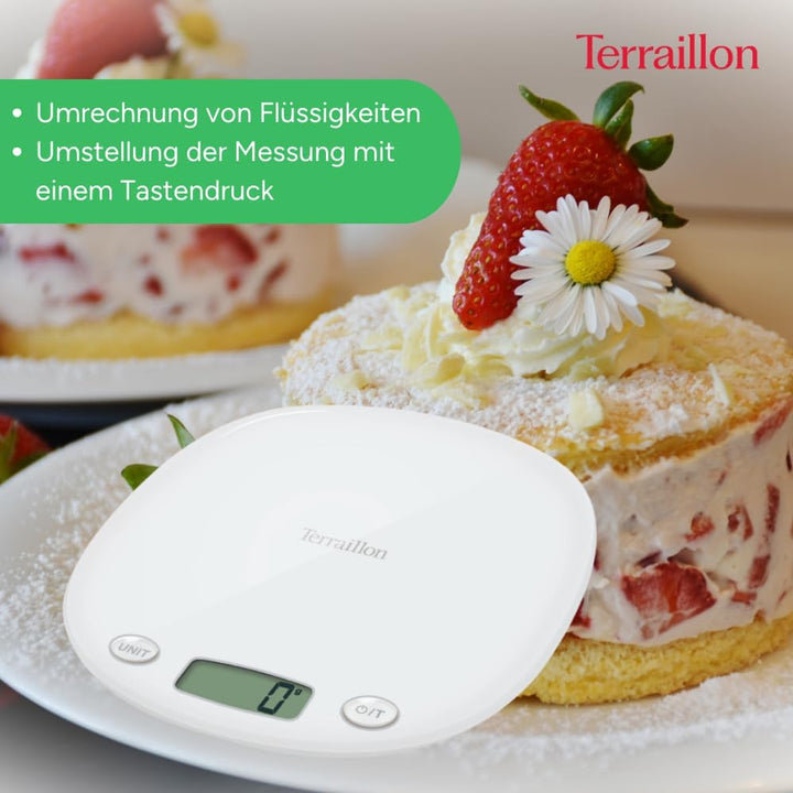 TERRAILLON elektronische Küchenwaage – Tara, Flüssigkeitsumrechnung, integrierter Griff, Wiegebereic