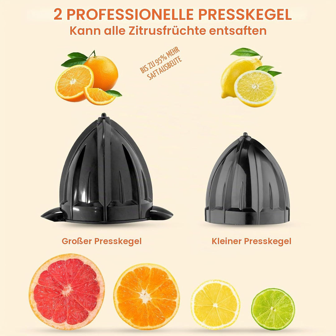 Cozary Zitruspresse Elektrische, Orangenpresse Zitronenpresse inkl 2 Presskegel, Gehäuse und Filter