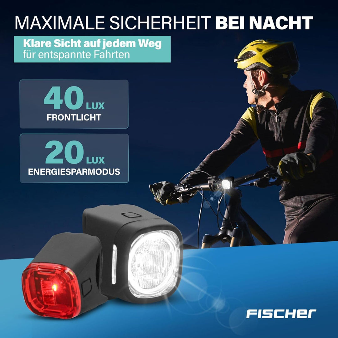 Fischer Fahrrad Beleuchtungsset Square, 40/20 Lux, Front- und Rückleuchte, mit Akku, USB-Ladefunktio