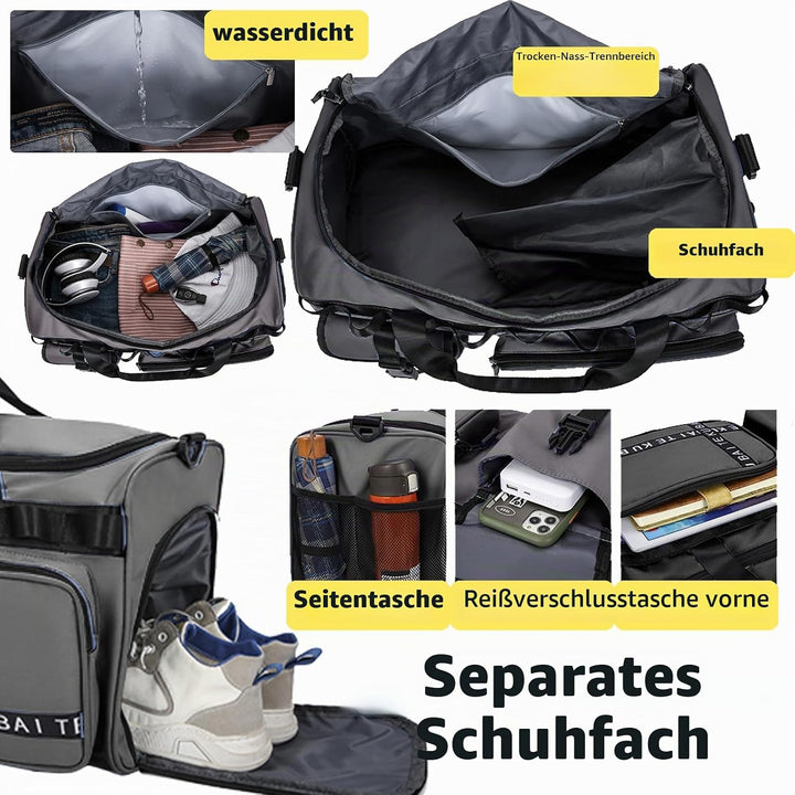 Reisetasche Damen Herren, 65L Wasserabweisende Sporttasche, Large Capacity Reise Tasche Gym Bag, mit