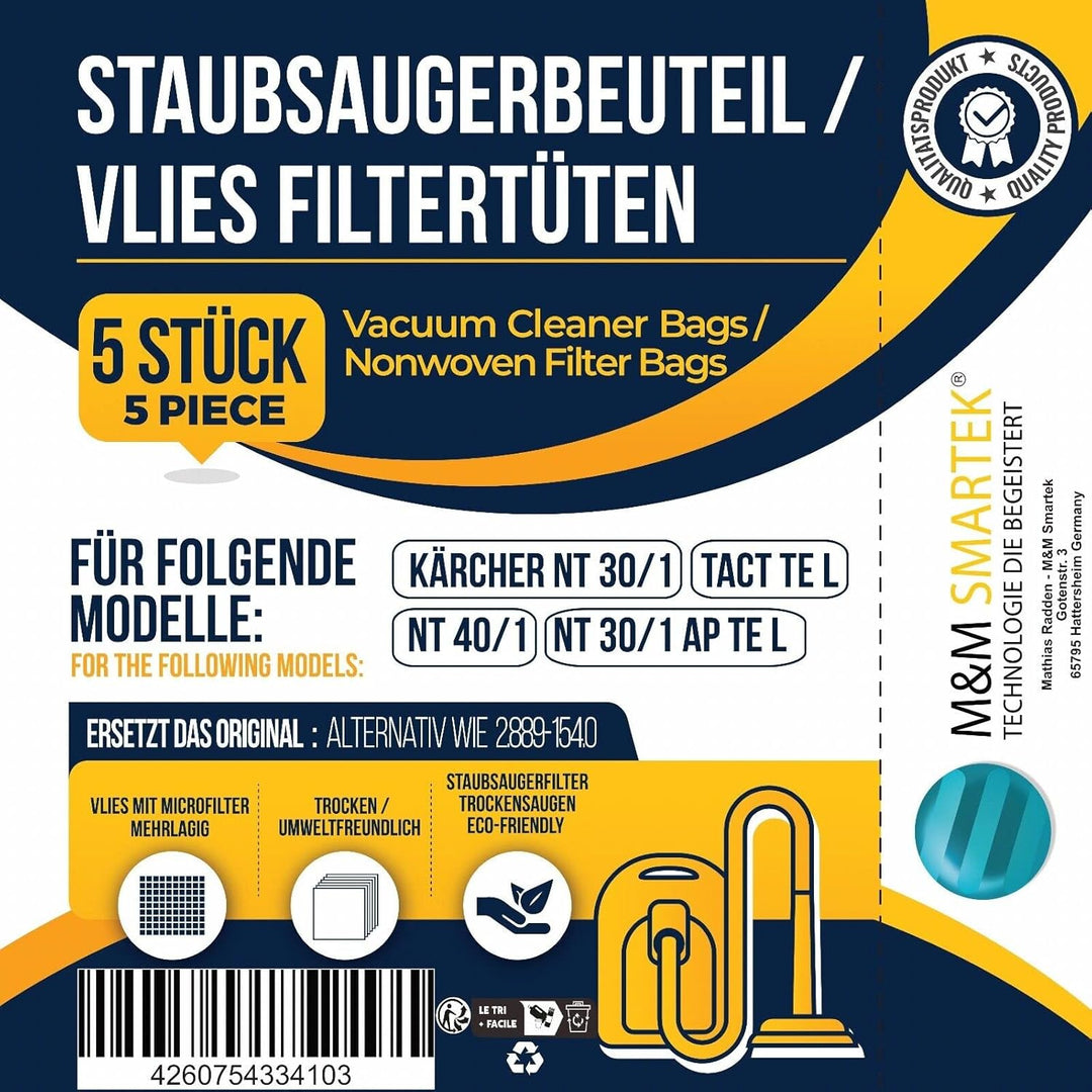5 Staubsaugerbeutel geeignet für Kärcher 2.889-154.0 wie NT 30/1 30 L 30L NT 30/1 Ap Te L, NT 30/1 A