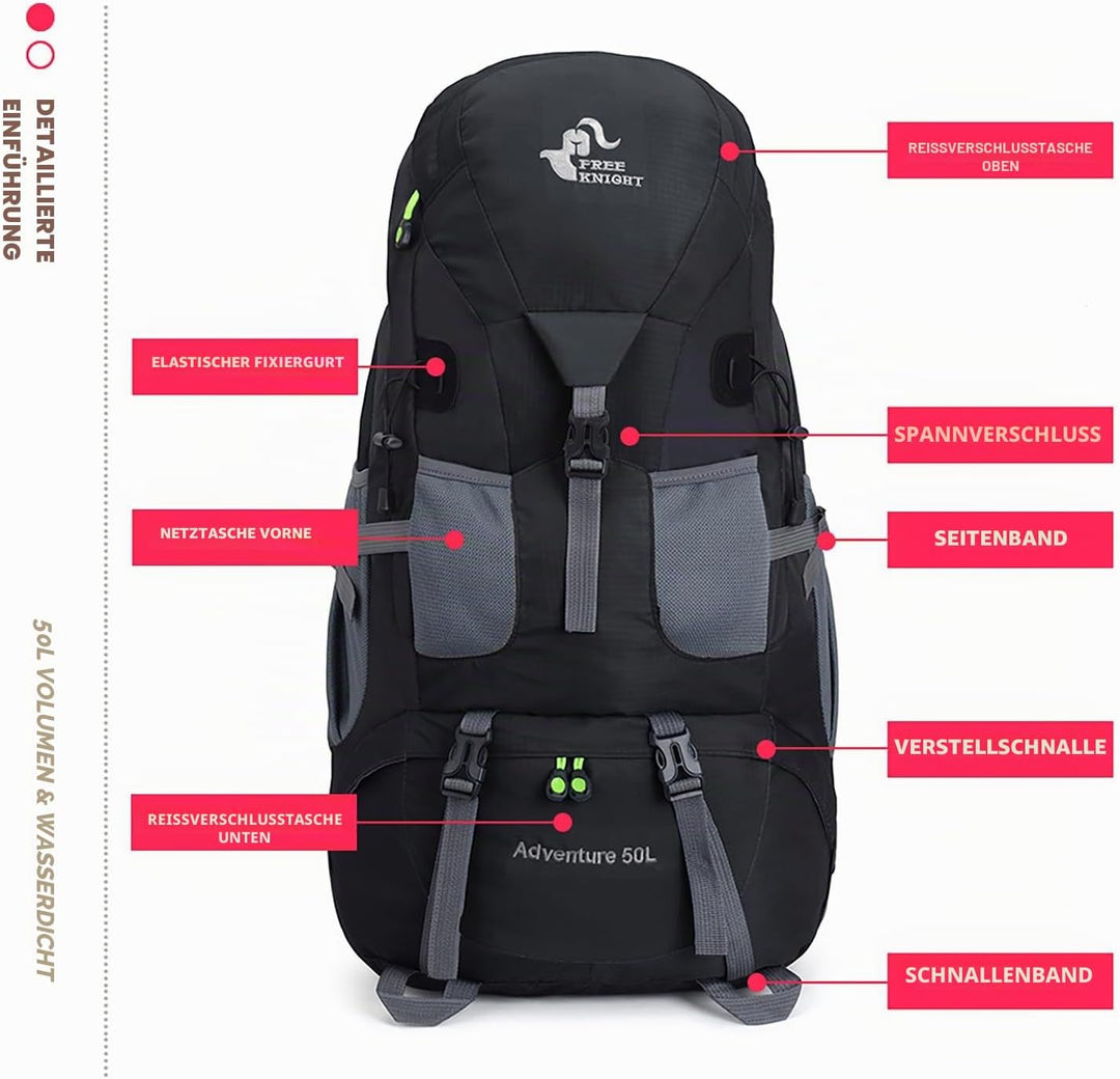 Bseash 50L Leichter wasserfester Wanderrucksack, Outdoor Sport Tagesrucksack Multifunktions Reisetas