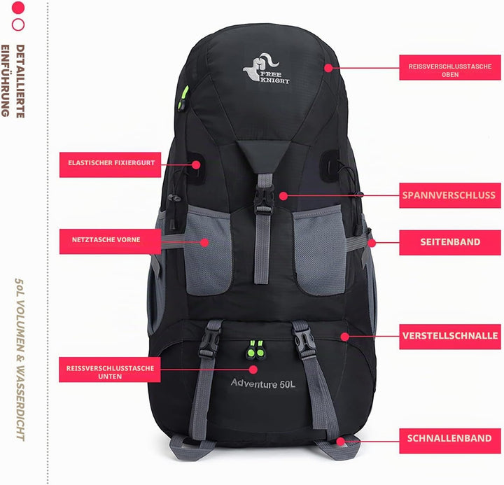Bseash 50L Leichter wasserfester Wanderrucksack, Outdoor Sport Tagesrucksack Multifunktions Reisetas
