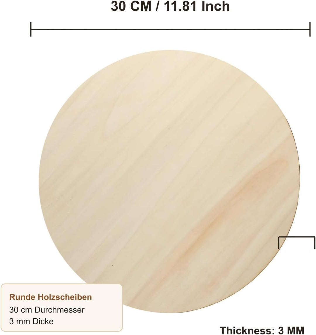 20 Stück Runde Holzscheiben 30 cm, 3mm Dick Holzplatte Rund, Unbehandelte Untersetzer rund Natur Hol