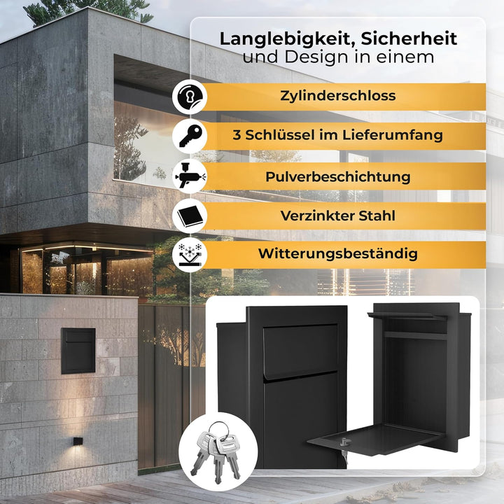 Unterputz Briefkasten RAL9017 Schwarz Einbaubriefkasten flächenbündig verzinkter Stahl pulverbeschic