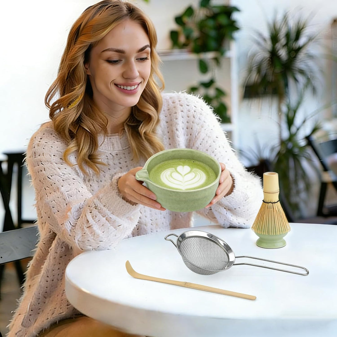 5 Stück Matcha Set, Japanisches Matcha Tee Set mit Bambusbesen, Keramik Schale mit Ausgiesser, Edels