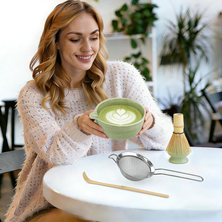 5 Stück Matcha Set, Japanisches Matcha Tee Set mit Bambusbesen, Keramik Schale mit Ausgiesser, Edels