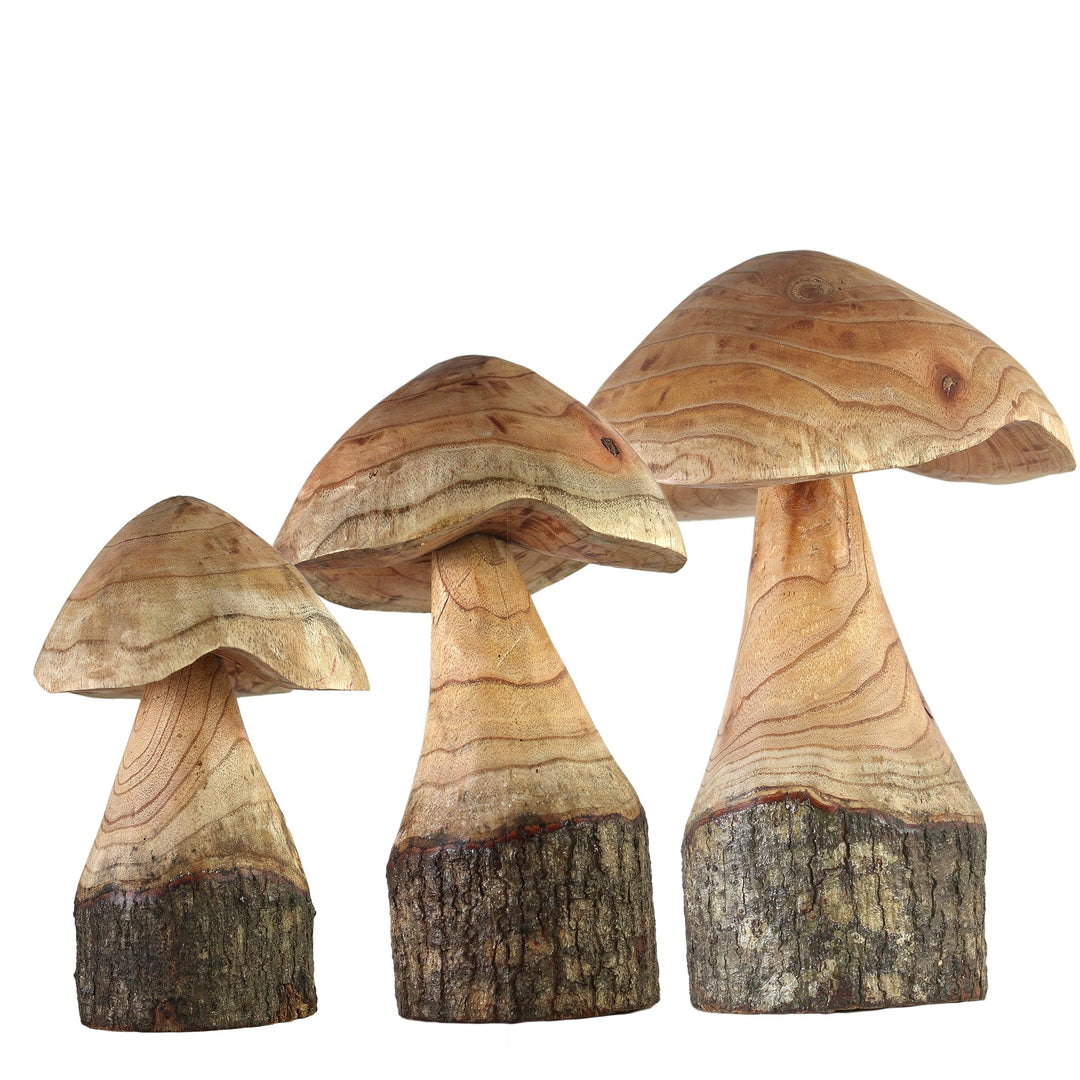 ART-CRAFT Naturnahe Holzpilz-Deko Set mit 3 handgeschnitzten Pilzen 35-30-25 cm hoch - Für Balkon, T
