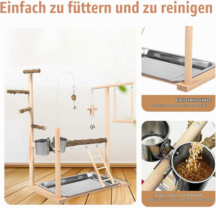 Vogel Spielplatz, Holz Wellensittich Spielplatz mit Edelstahl Futterbehälter Papagei Vogelspielplatz