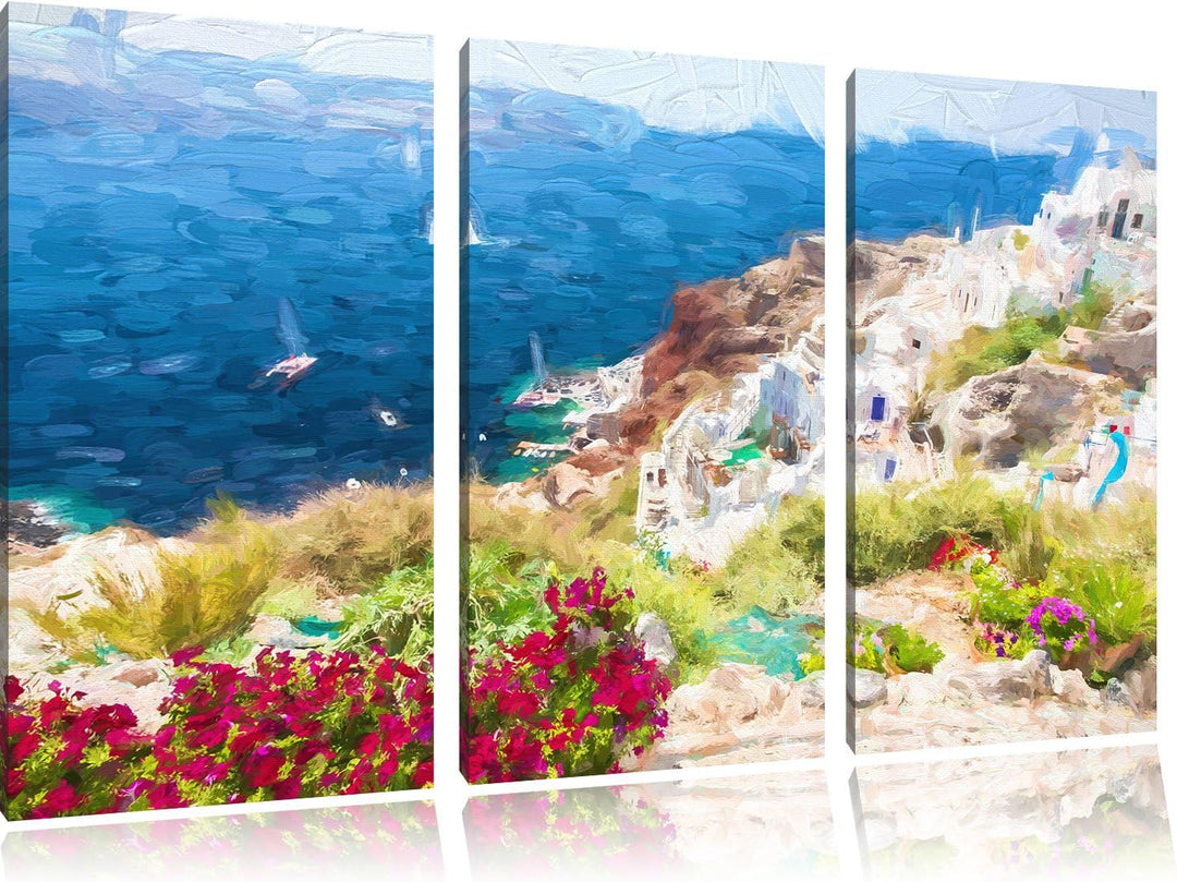 Pixxprint Griechische Küste als Leinwandbild/Grösse: 3 Teilig (120x80 cm) cm/Wandbild/Kunstdruck/fer