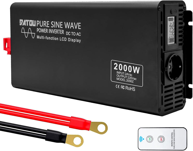 DATOUBOSS Wechselrichter 24V auf 230V Reiner Sinus mit 1 EU Steckdose & USB-Port-inkl& LCD Anzeige S