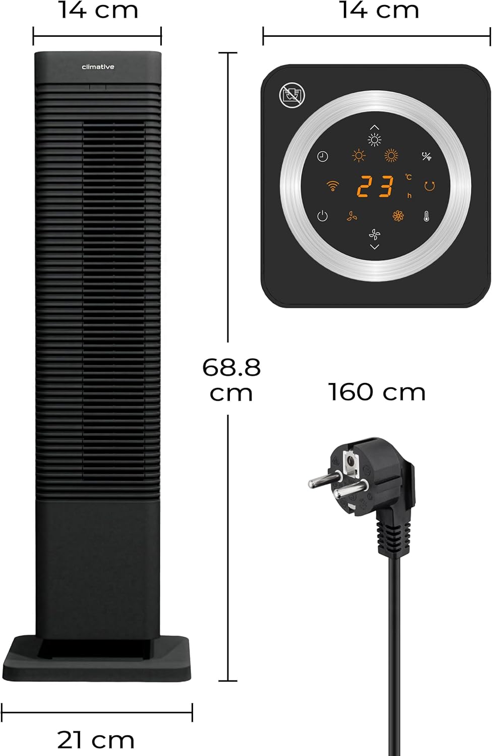 CoolHeat Keramik-PTC Heizlüfter 2000W WiFi 2-in-1 – Heizungslüfter & Turmventilator, 80° Oszillation