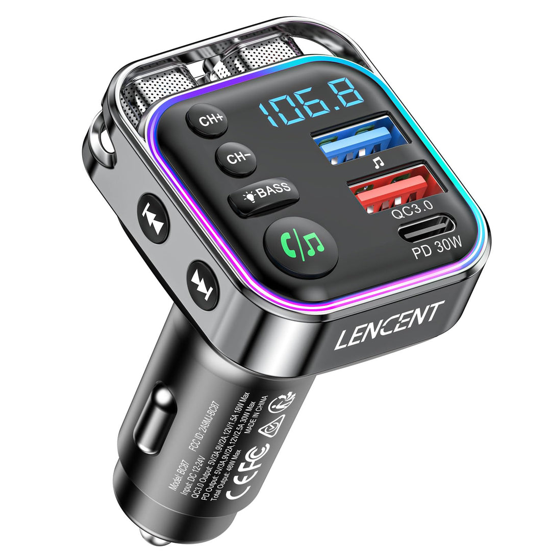 LENCENT Bluetooth FM Transmitter, Bluetooth 5,3, PD 30W & QC3.0 Schnellladegerät, Hi-Fi Musik klares