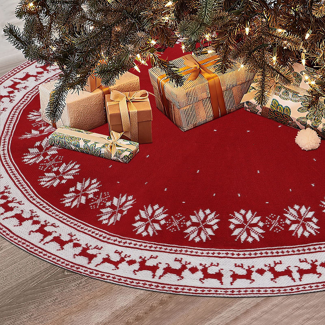 Dremisland Grosse Weihnachtsbaum Rock, 122cm Rot Gestrickte Christbaumdecke mit Schneeflocken Rentie
