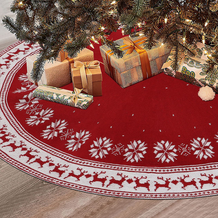 Dremisland Grosse Weihnachtsbaum Rock, 122cm Rot Gestrickte Christbaumdecke mit Schneeflocken Rentie