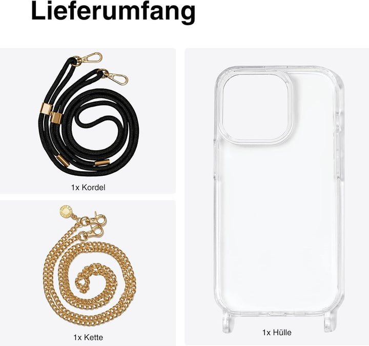 Jalouza Handykette, Kordel & Hülle Bundle kompatibel mit iPhone 13 - Gliederkette in Gold und Kordel