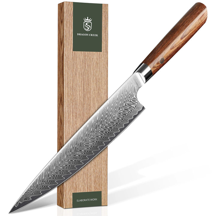 Dragon Creek Chefmesser 22cm, Damaststahl, Multifunktionales Küchenmesser mit Ergonomischem Holzgrif