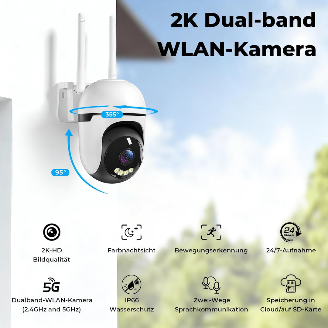 2K Überwachungskamera Aussen, WLAN 360° Kamera 3MP 2.4G & 5G WiFi mit Farbiger Nachsicht, IP66, Zwei