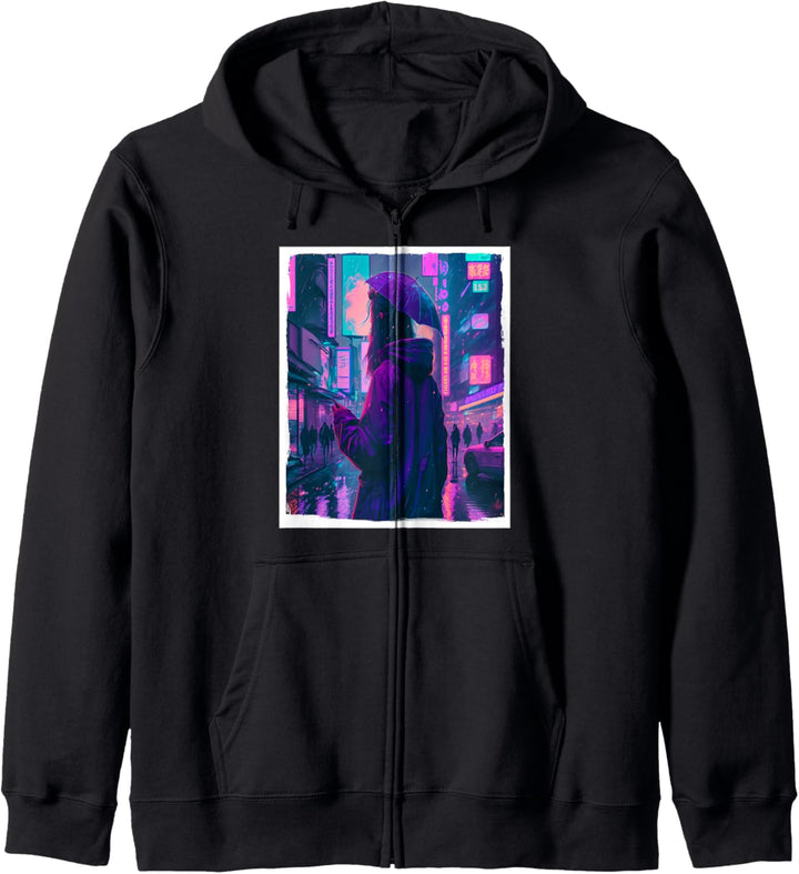 Vaporwave Aestethic Retro Japan Neon Girl Rain Emo Anime Kapuzenjacke