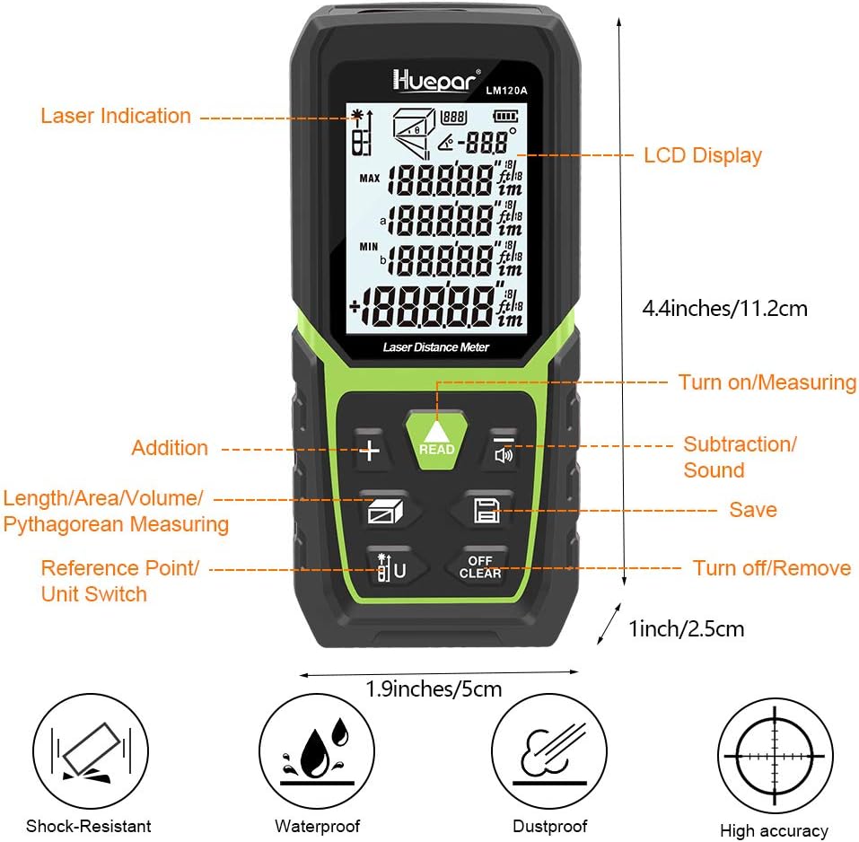 Huepar Laser Entfernungsmesser 120M mit Li-Ion-Akku, mit LCD Hintergrundbeleuchtung M/In/Ft mit Mehr