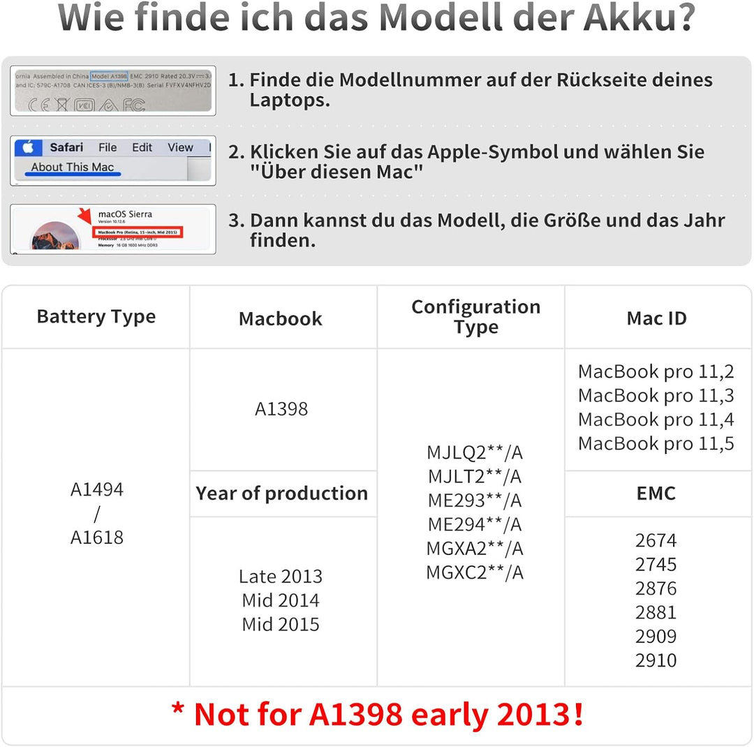 A1494 A1618 Laptop akku - für MacBook Pro 15 Zoll Retina A1398 (Ende 2013,Mitte 2014, Mitte2015) by