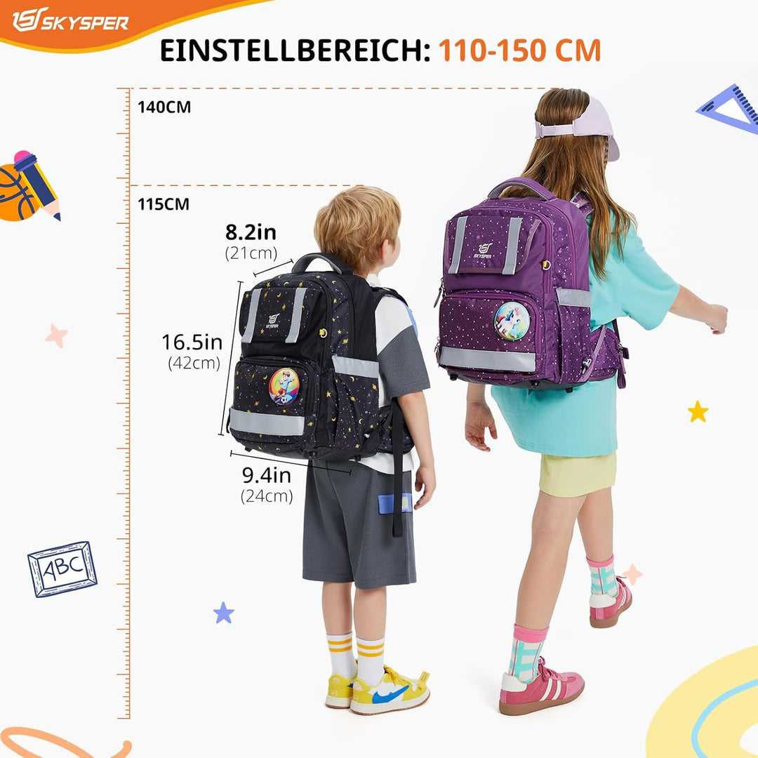 SKYSPER Schulranzen-Set 5-teilig, Schulrucksack Ergonomischer Tragesystem 16L Schulranzen mit 360° R