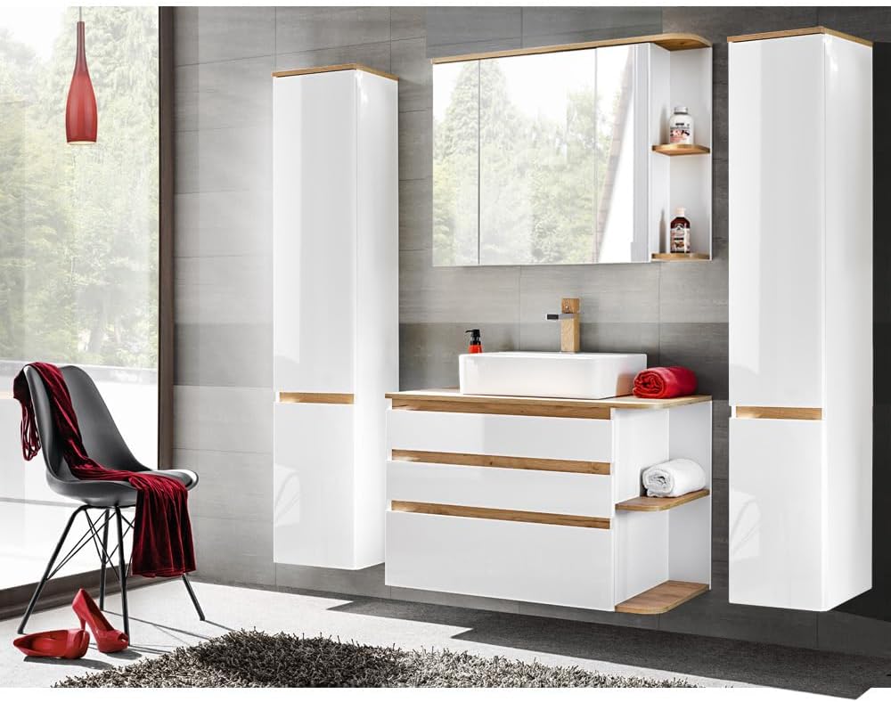 Lomadox Spiegelschrank in weiss mit Wotaneiche, 3D-Spiegeltüren, B x H x T ca. 94 x 71 x 20 cm