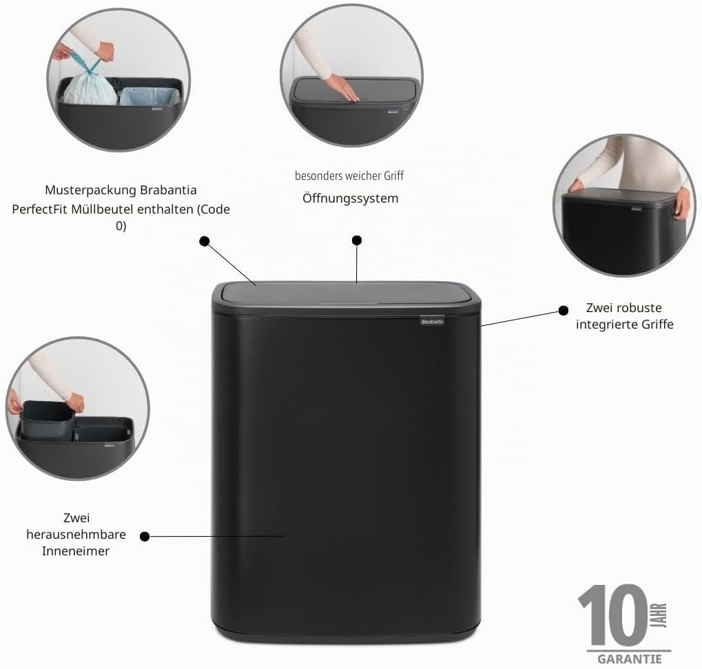 Brabantia Mülleimer, Matt Black, 30 Liter 2 Inneneimer (2 x 30L) Matt Black, 2 Inneneimer (2 x 30L)