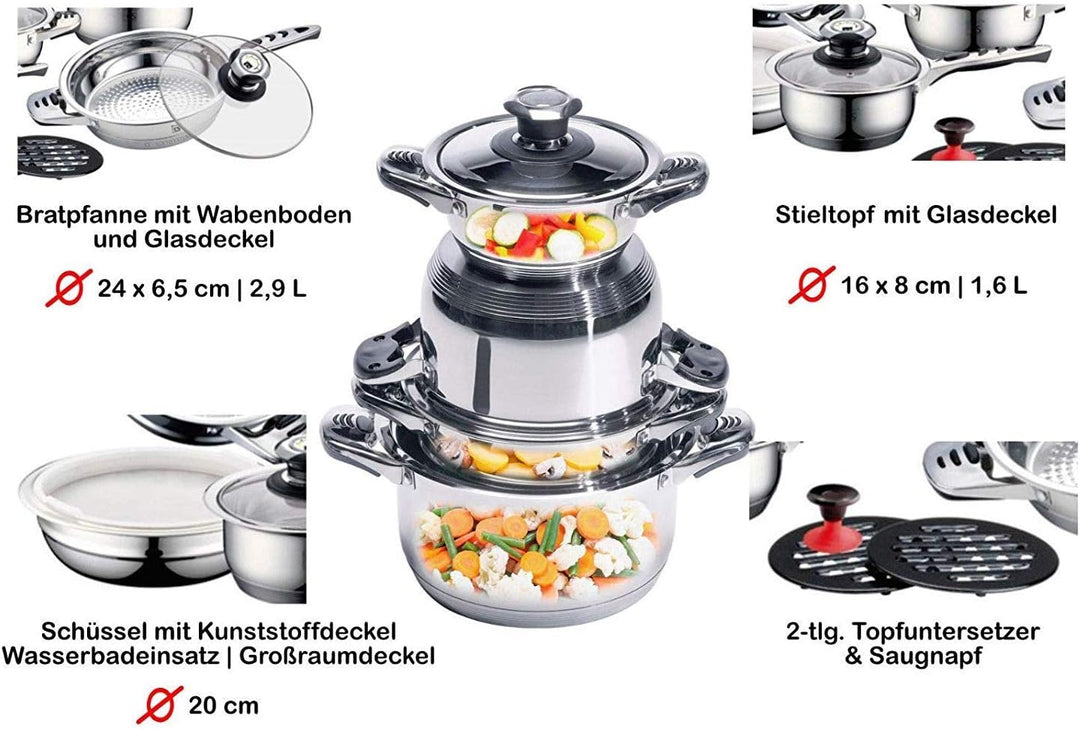 RL 16 TLG. Edelstahl Topfset Töpfe Kochtöpfe Kochtopf Topf Set Pfannen Kochgeschirr (Glasdeckel)