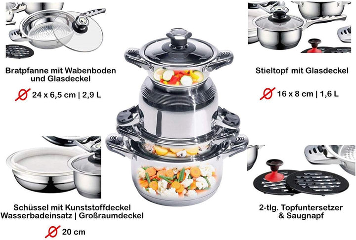 RL 16 TLG. Edelstahl Topfset Töpfe Kochtöpfe Kochtopf Topf Set Pfannen Kochgeschirr (Glasdeckel)