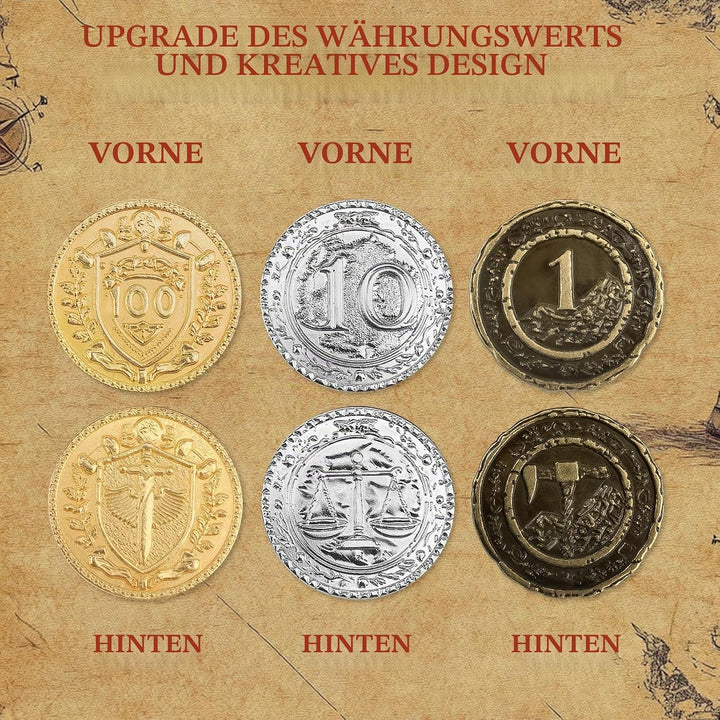 Byhoo 100 PCS Metall DND Münzen, 1,2“ Gold Silber Kupfer Token mit Nennwert für Brettspiel und Table