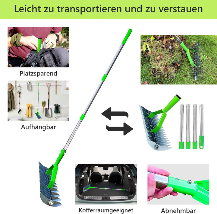 Laubrechen Verstellbar, Vertikutierer Rechen mit 1.3m Langem Stiel, 2-in-1 Unkrautrechen und Vertiku