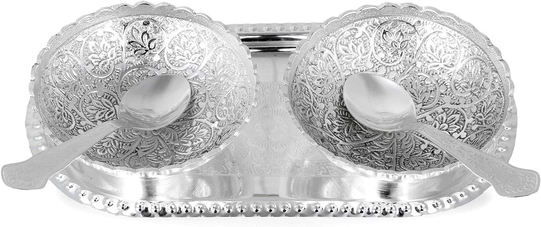 Zap Impex Graviertes Silberfarbenes Messing Schalen- und Löffel-Set mit Tablett, 5-teilig
