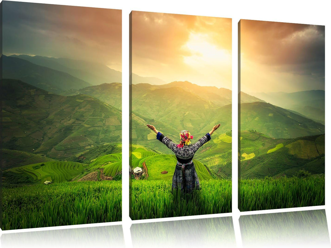 Pixxprint asiatische Berg Farm als Leinwandbild/Grösse: 3 Teilig (120x80) / Wandbild/Kunstdruck/fert
