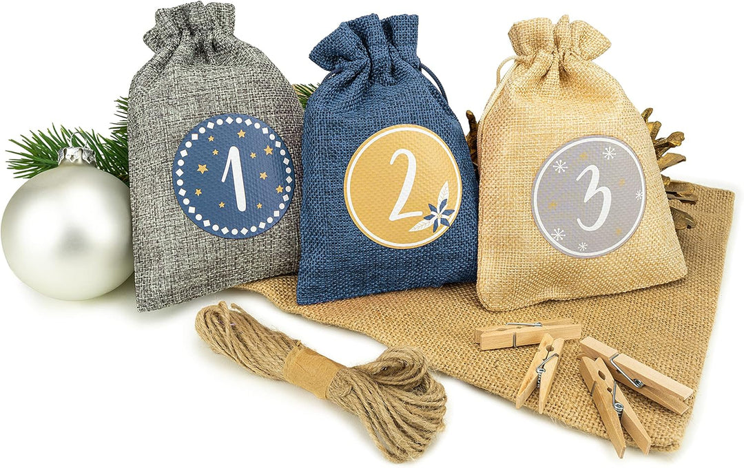 Adventskalender zum Befüllen [24 Stück] Weihnachtskalender 2025 Jutesäckchen 15 x 12cm Gross, Weihna