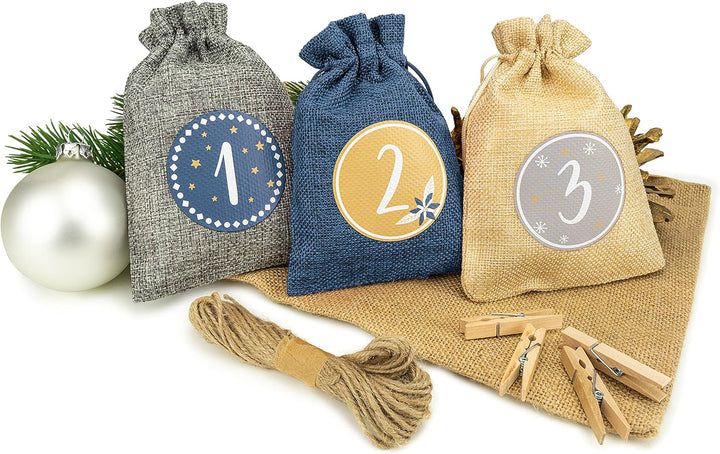 Adventskalender zum Befüllen [24 Stück] Weihnachtskalender 2025 Jutesäckchen 15 x 12cm Gross, Weihna
