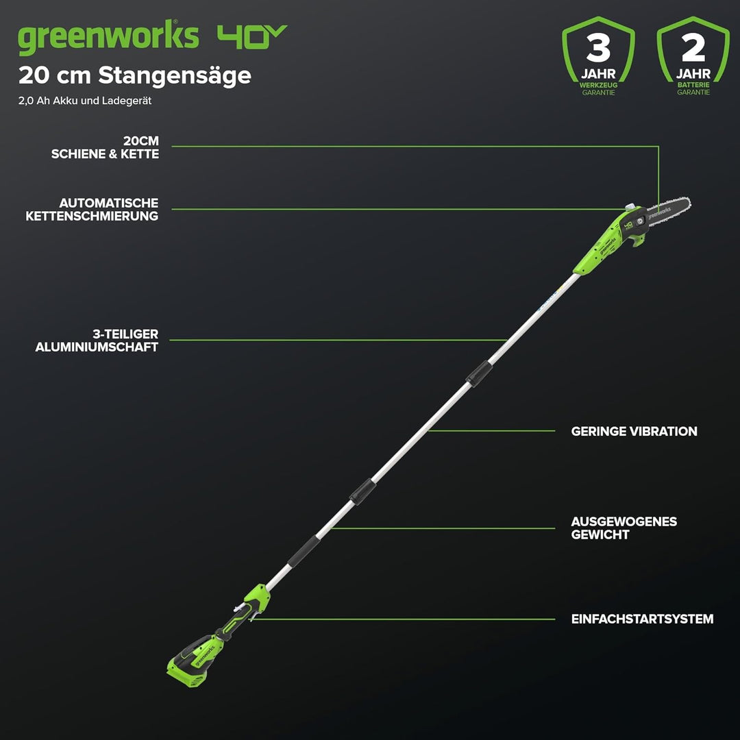 Greenworks G40PSFK2 Akku Hochentaster,20 cm Blattlänge, 8 m/s Kettengeschwindigkeit, 3,64 kg, automa