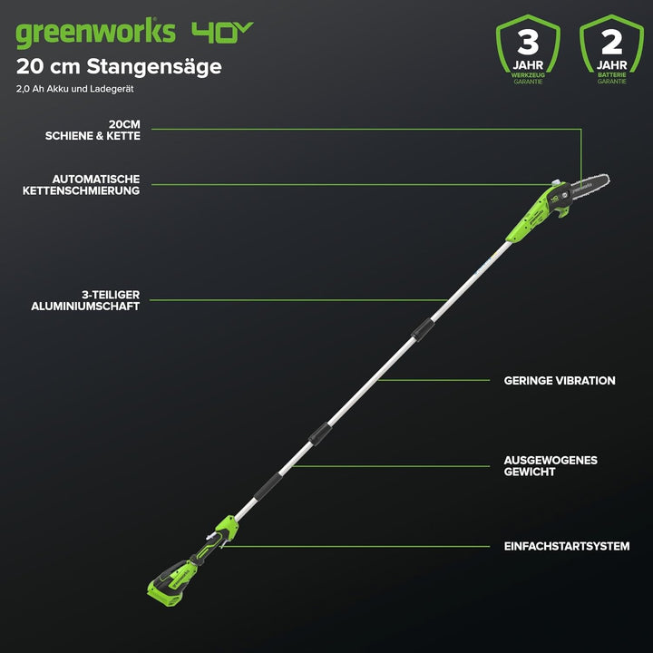 Greenworks G40PSFK2 Akku Hochentaster,20 cm Blattlänge, 8 m/s Kettengeschwindigkeit, 3,64 kg, automa