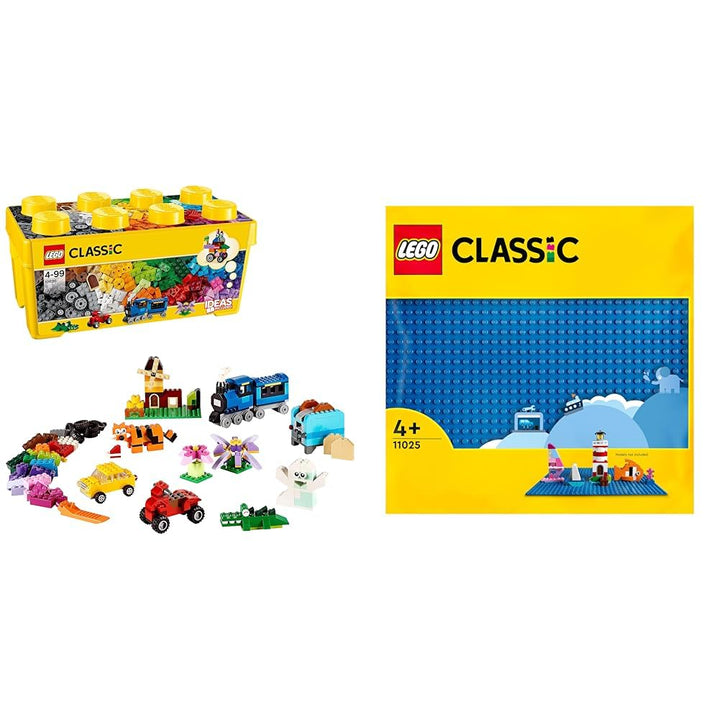 LEGO Classic Mittelgrosse Bausteine-Box, Konstruktionsspielzeug & Classic Blaue Bauplatte, quadratis