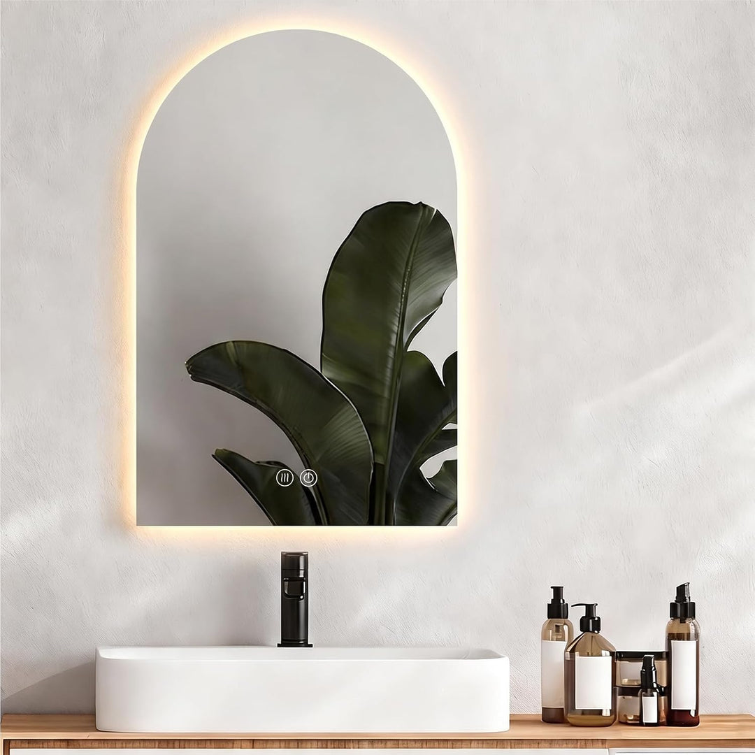 SANYCASA Bogenförmiger Touchspiegel 75x50 cm – LED Badezimmerspiegel mit Anti-Beschlag, 3 Farbtemper