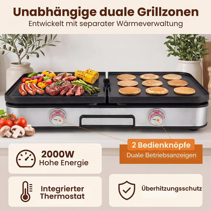 LIFEZEAL Elektrogrill, Tischgrill elektrisch 2000 W, Elektrischer Plattengrill Indoor mit 2 wendbare