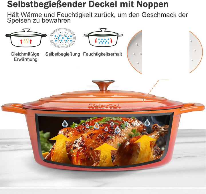 Gusseisen Bräter mit Deckel, Oval Gusseisen Topf 6.6L, Emaille Topf Gross Backofengeeignet, Schmorto