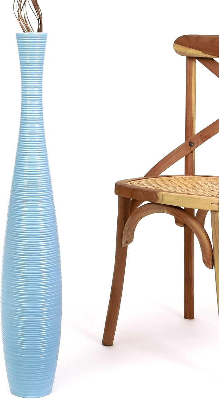 Leewadee Grosse Bodenvase für Dekozweige hohe Standvase Design Holzvase, Holz, 90 cm, Hellblau 90 cm